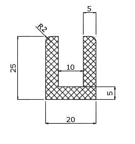 Profil Cauciuc EPDM Tip U - 25x20mm - Bază 20mm, Canal 10mm