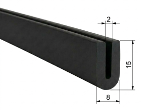 Profil Cauciuc Negru Tip U 15mm - Bază 8mm, Canal 2mm