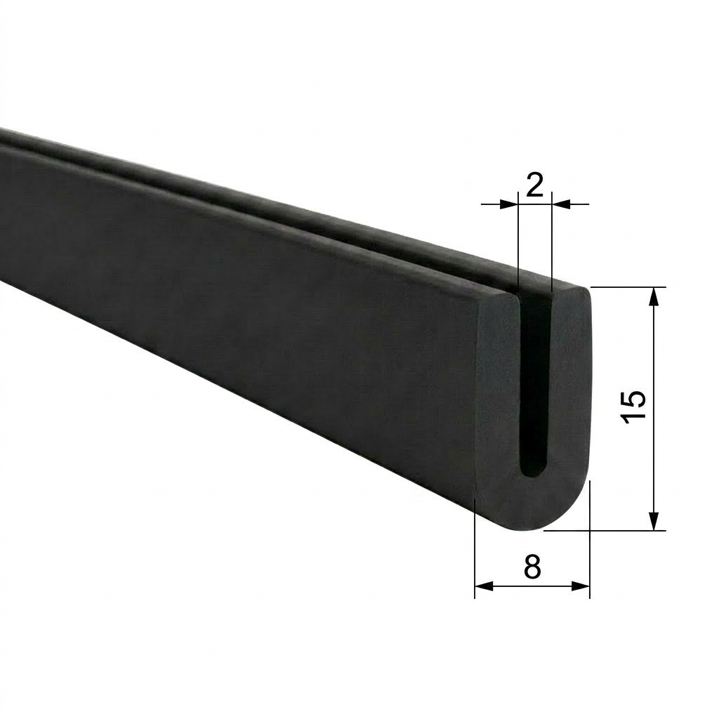 Profil Cauciuc Negru Tip U 15mm - Bază 8mm, Canal 2mm