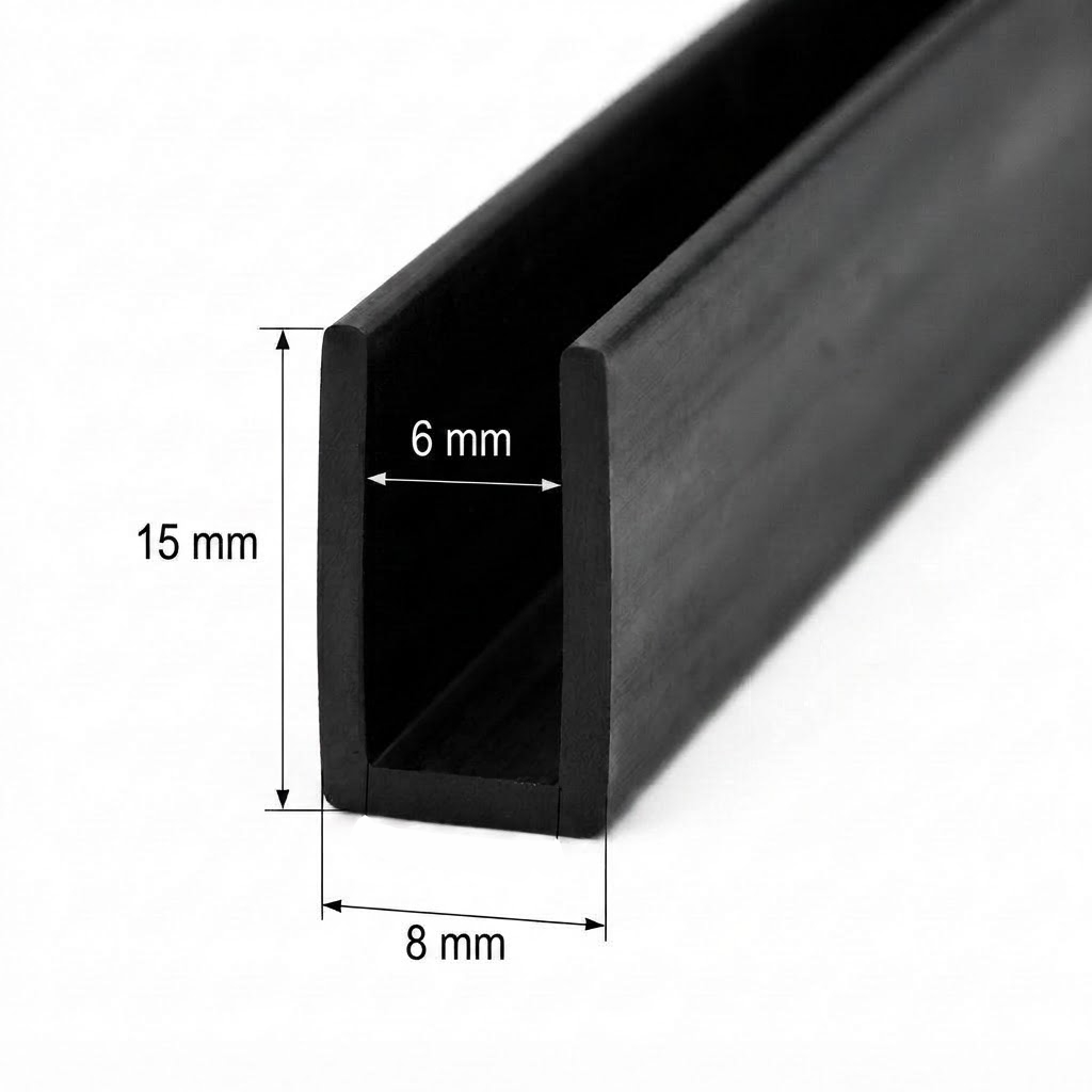 Profil Cauciuc Negru Tip U 15x8mm - Bază 8mm, Canal 6mm